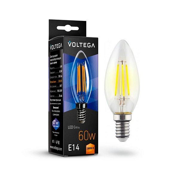 Лампа светодиодная филаментная Voltega E14 6W 2800К прозрачная VG10-C1E14warm6W-F 7019 фото 