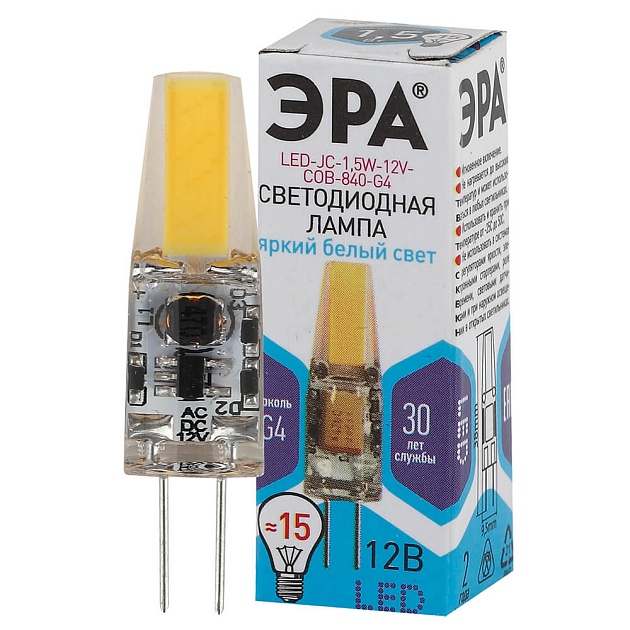 Лампа светодиодная ЭРА G4 1,5W 4000K прозрачная LED JC-1,5W-12V-COB-840-G4 Б0033198 фото 2