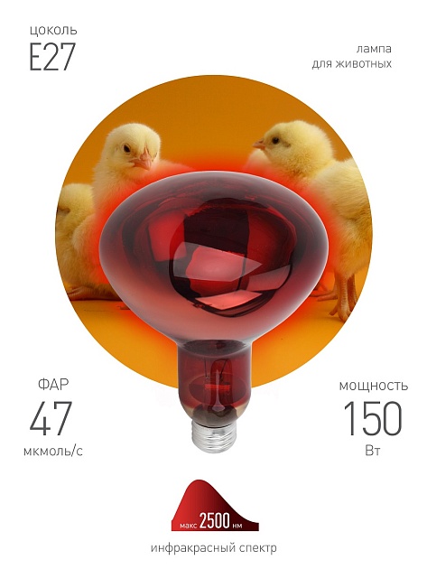 Лампа инфракрасная ЭРА E27 150 Вт для обогрева животных и освещения ИКЗК 230-150 R127 Б0055441 фото 3