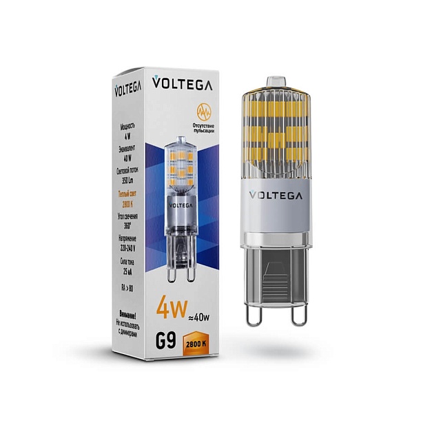 Лампа светодиодная Voltega G9 4W 2800К прозрачная VG9-K2G9warm4W 7124 фото 