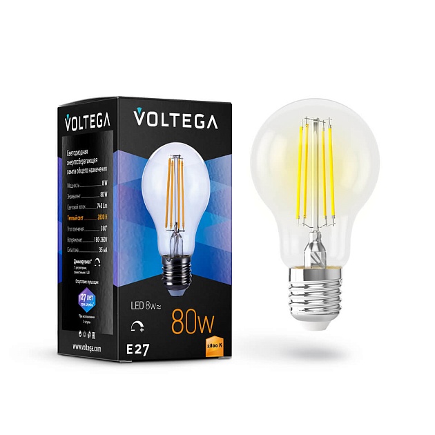 Лампа светодиодная филаментная диммируемая Voltega E27 8W 2800К прозрачная VG10-А1E27warm8W-FD 5489 фото 