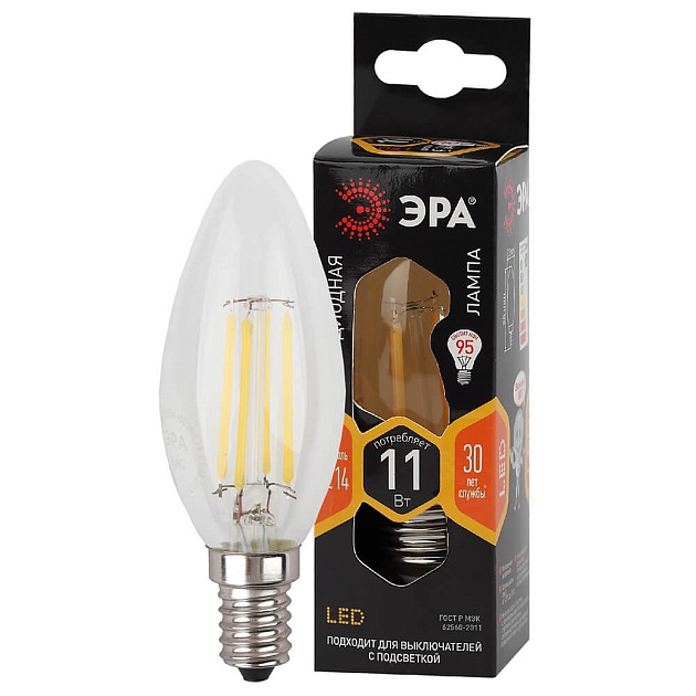 Лампа светодиодная филаментная ЭРА E14 11W 2700K прозрачная F-LED B35-11w-827-E14 Б0046985 фото 4