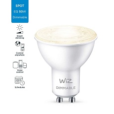Лампа светодиодная диммируемая WiZ GU10 4,7W 2700K прозрачная Wi-Fi BLE 50W GU10 927 DIM 1PF/6 929002448102 1