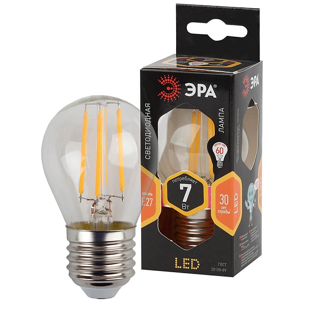 Лампа светодиодная филаментная ЭРА E27 7W 2700K прозрачная F-LED P45-7W-827-E27 Б0027948 фото 3