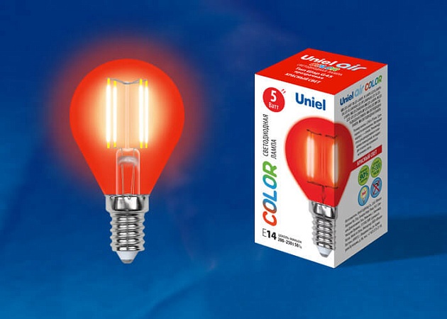 Лампа светодиодная филаментная Uniel E14 5W красная LED-G45-5W/RED/E14 GLA02RD UL-00002985 фото 2