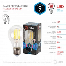 Лампа светодиодная филаментная ЭРА E27 9W 4000K прозрачная F-LED A60-9W-840-E27 Б0043434 1