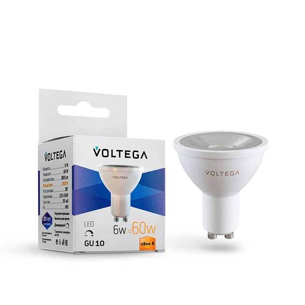 Лампа светодиодная Voltega GU10 6W 2800К прозрачная VG2-S1GU10warm6W-D 7108 фото 