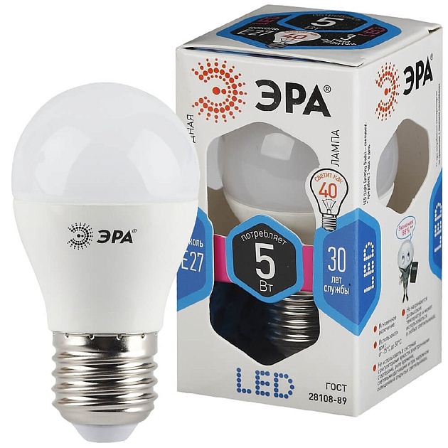 Лампа светодиодная ЭРА E27 5W 4000K матовая LED P45-5W-840-E27 Б0028488 фото 3