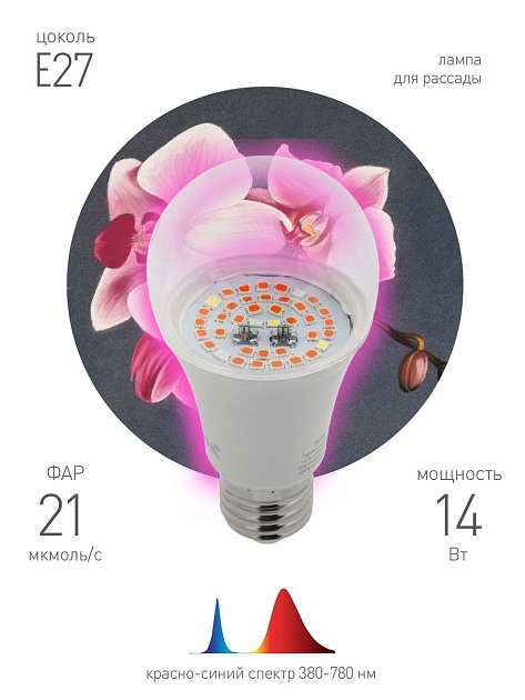 Лампа светодиодная для растений ЭРА E27 14W 1310K прозрачная Fito-14W-RB-E27 Б0050602 фото 3