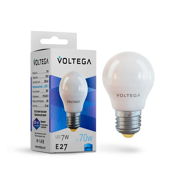 Лампа светодиодная Voltega E27 7W 4000К матовая VG2-G45E27cold7W 7053 фото 