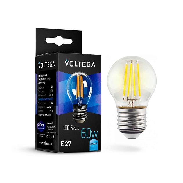 Лампа светодиодная филаментная Voltega E27 6W 4000К прозрачная VG10-G1E27cold6W-F 7024 фото 