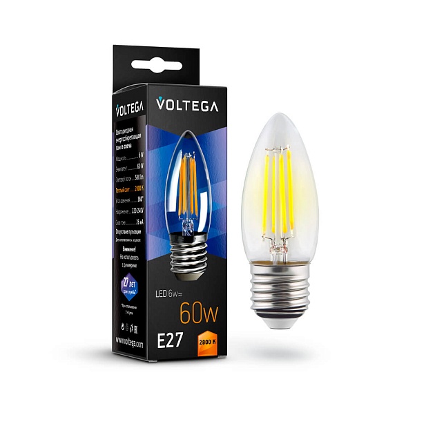 Лампа светодиодная филаментная Voltega E27 6W 2800K прозрачная VG10-C1E27warm6W-F 7046 фото 