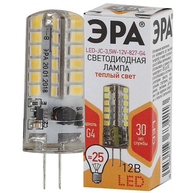 Лампа светодиодная ЭРА G4 3,5W 2700K прозрачная LED JC-3,5W-12V-827-G4 Б0033195 фото 3