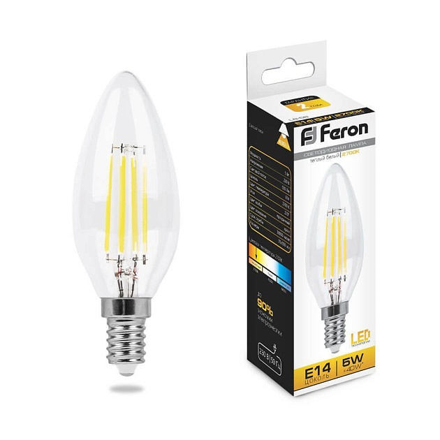 Лампа светодиодная филаментная Feron E14 5W 2700K Свеча Прозрачная LB-58 25572 фото 