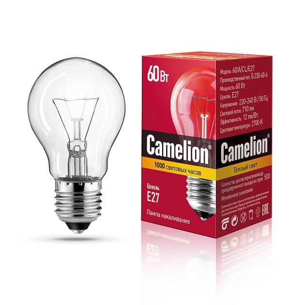 Лампа накаливания Camelion E27 60W 60/A/CL/E27 7277 фото 