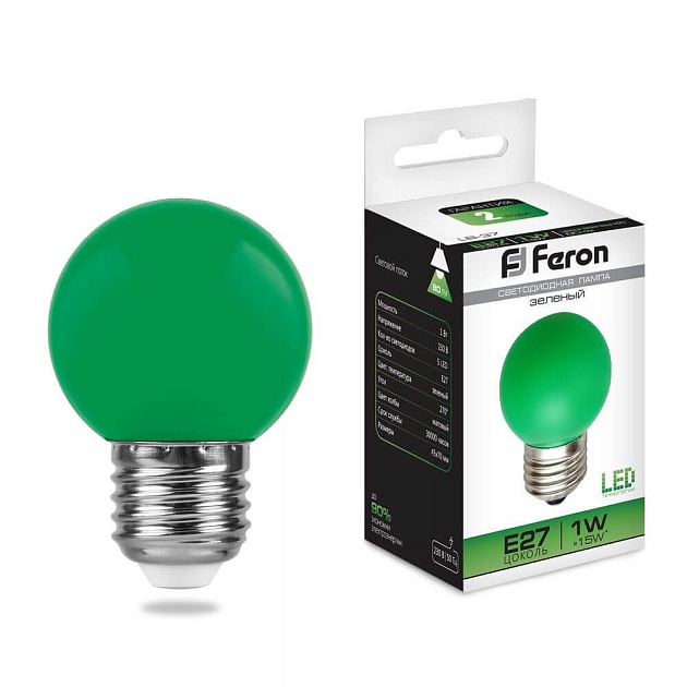 Лампа светодиодная Feron E27 1W зеленая LB-37 25117 фото 
