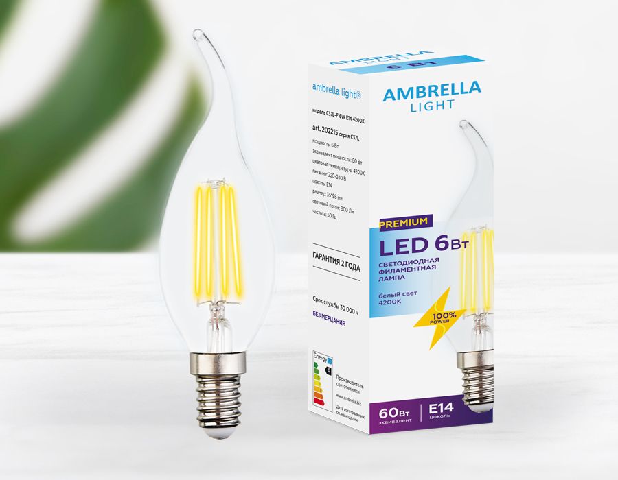 

Лампа светодиодная филаментная Ambrella light E14 6W 4200K прозрачная 202215, Прозрачный, 202215 Filament