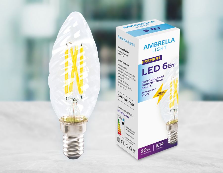 

Лампа светодиодная филаментная Ambrella light E14 6W 4200K прозрачная 202124, Прозрачный, 202124 Filament