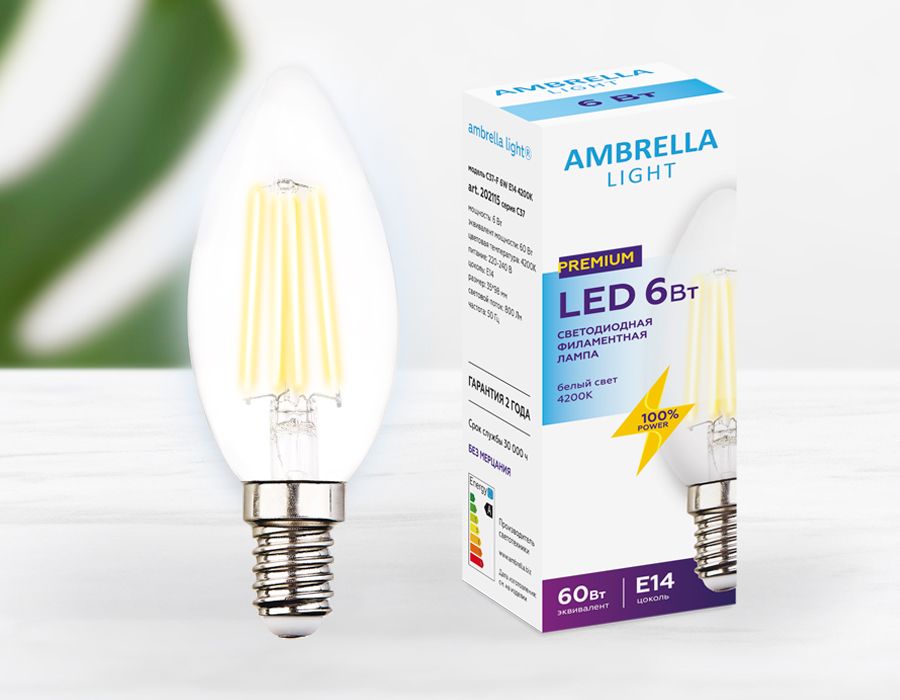 

Лампа светодиодная филаментная Ambrella light E14 6W 4200K прозрачная 202115, Прозрачный, 202115 Filament