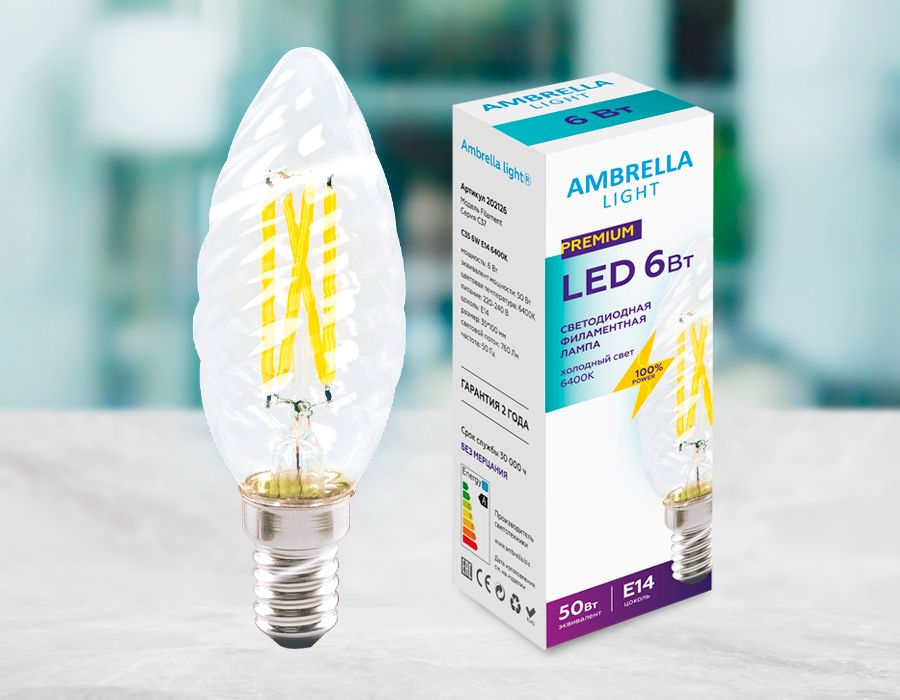 

Лампа светодиодная филаментная Ambrella light E14 6W 6400K прозрачная 202126, Прозрачный, 202126 Filament