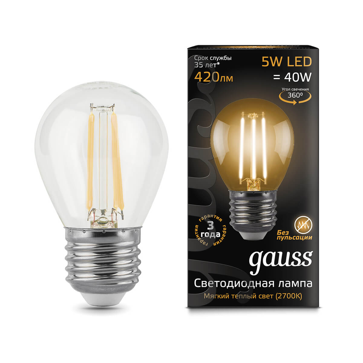 

Лампа светодиодная филаментная Gauss E27 5W 2700K прозрачная 105802105, Прозрачный, 105802105 Filament Globe