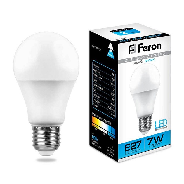 Лампа светодиодная Feron E27 7W 6400K Шар Матовая LB-91 25446 фото 
