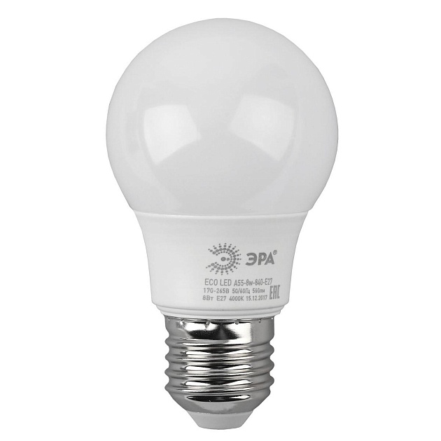 Лампа светодиодная ЭРА E27 8W 4000K матовая LED A55-8W-840-E27 R Б0052382 фото 