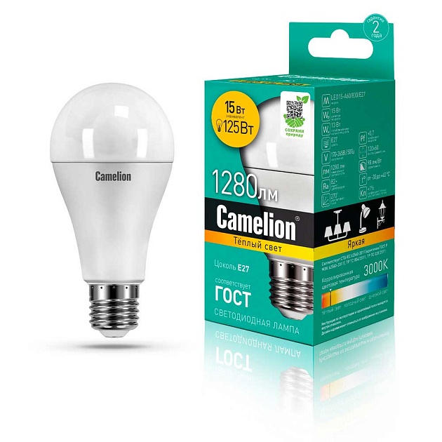 Лампа светодиодная Camelion E27 15W 3000K LED15-A60/830/E27 12185 фото 