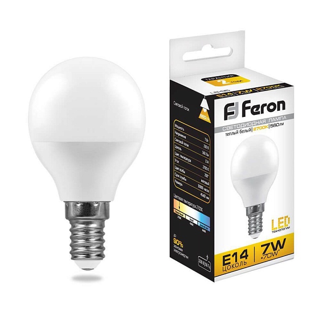 Лампа светодиодная Feron E14 7W 2700K Шар Матовая LB-95 25478 фото 