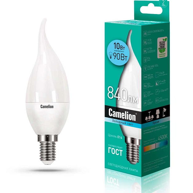 Лампа светодиодная Camelion E14 10W 4500K LED10-CW35/845/E14 14404 фото 