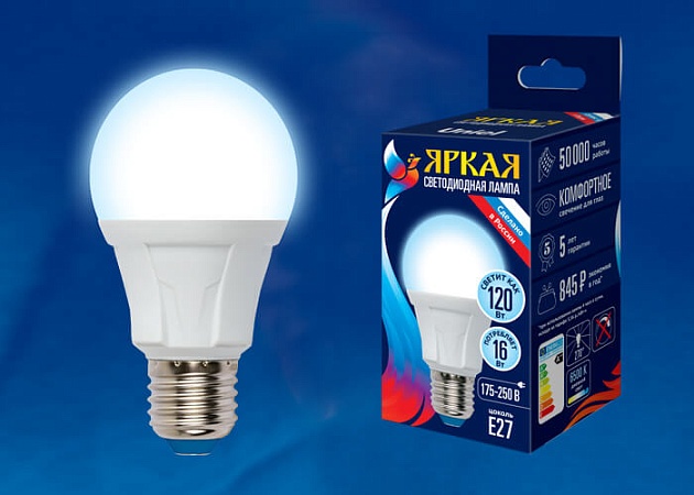 Лампа светодиодная Uniel E27 16W 6500K матовая LED-A60 16W/6500K/E27/FR PLP01WH UL-00005035 фото 2