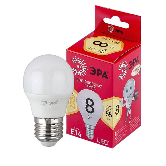 Лампа светодиодная ЭРА E14 8W 2700K матовая LED P45-8W-827-E14 R Б0050697 фото 