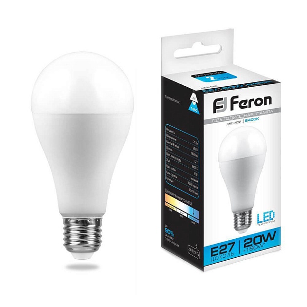 Лампа светодиодная Feron E27 20W 6400K Шар Матовая LB-98 25789 фото 