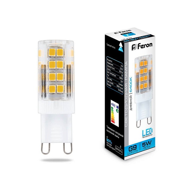 Лампа светодиодная Feron G9 5W 6400K прозрачная LB-432 25771 фото 