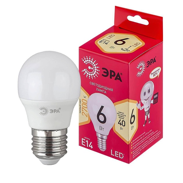 Лампа светодиодная ЭРА E14 6W 2700K матовая LED P45-6W-827-E14 R Б0051058 фото 