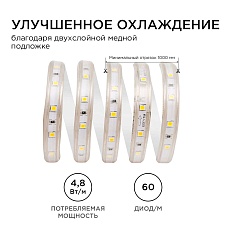 Светодиодная влагозащищенная лента Apeyron 4,8W/m 60LED/m 5050SMD теплый белый 5M 10-05 4