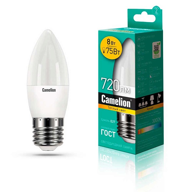 Лампа светодиодная Camelion E27 8W 3000K LED8-C35/830/E27 12389 фото 