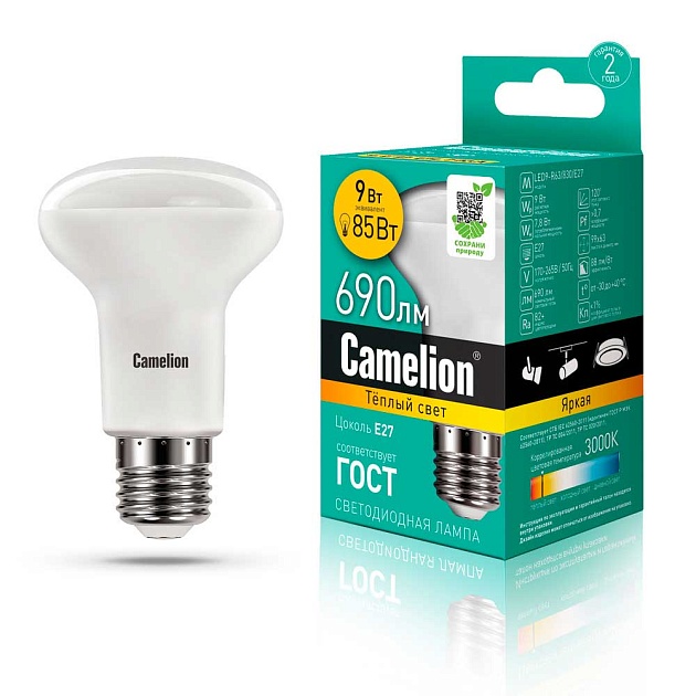 Лампа светодиодная Camelion E27 9W 3000K LED9-R63/830/E27 13476 фото 