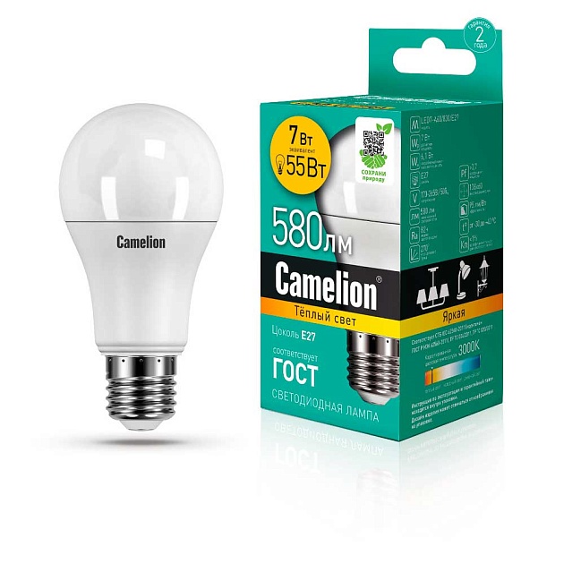 Лампа светодиодная Camelion E27 7W 3000K LED7-A60/830/E27 11253 фото 