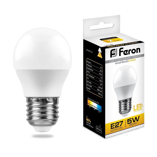 Лампа светодиодная Feron E27 5W 2700K Шар Матовая LB-38 25404 фото 