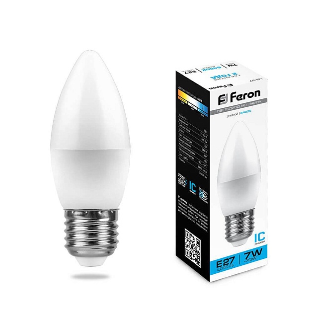 Лампа светодиодная Feron E27 7W 6400K Свеча Матовая LB-97 25883 фото 