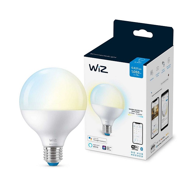 Лампа светодиодная диммируемая WiZ E27 11W 2700-6500K матовая Wi-Fi BLE 75W G95E27927-65TW1PF/6 929002451002 фото 