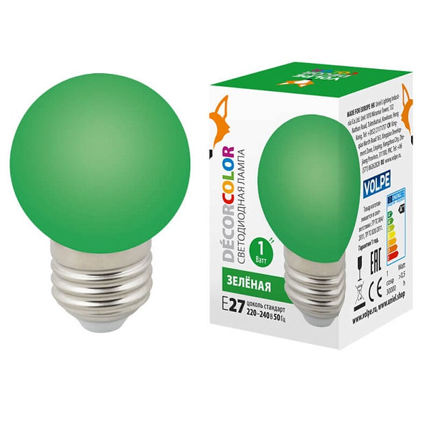 Лампа светодиодная Volpe E27 1W зеленая LED-G45-1W/GREEN/E27/FR/С UL-00005648 фото 