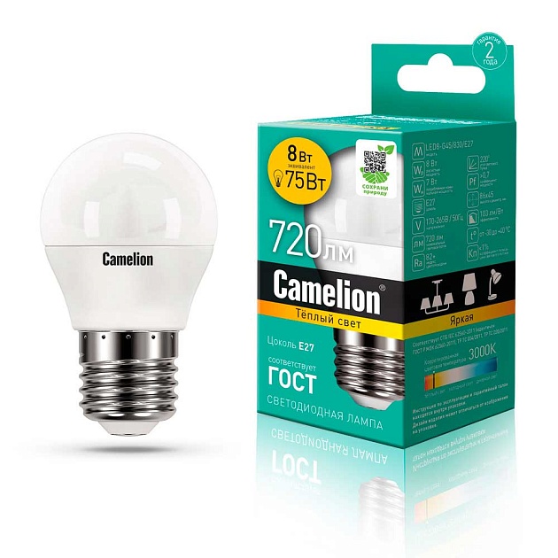 Лампа светодиодная Camelion E27 8W 3000K LED8-G45/830/E27 12392 фото 