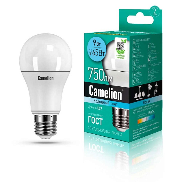 Лампа светодиодная Camelion E27 9W 4500K LED9-A60/845/E27 12044 фото 