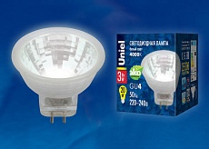Лампа светодиодная Uniel GU4 3W 4000K прозрачная LED-MR11-3W/NW/GU4/220V GLZ21TR UL-00001703 1